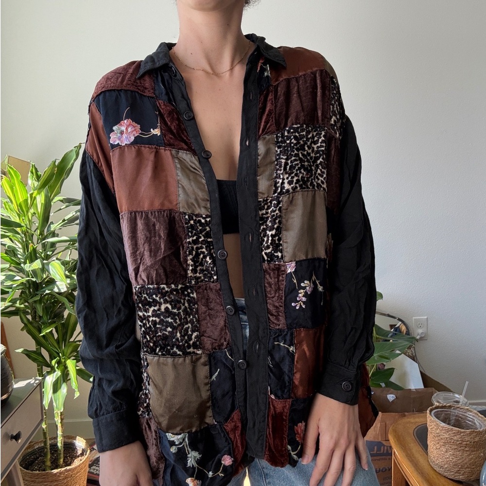 Patchwork Velvet Leopard Floral Button Down Shirt Womens 1X Brown Black